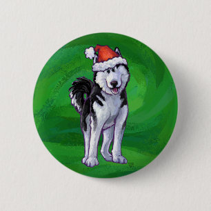 Badge Rond 5 Cm Husky festif à Santa Hat sur Vert