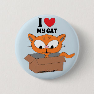Badge Rond 5 Cm I Love (coeur) My Cat Cute Cartoon Chat en boîte