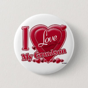 Badge Rond 5 Cm I Love My Grandson rouge - coeur