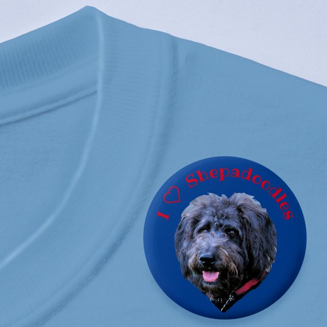 Badge Rond 5 Cm I Love Shepadoodles Chien race Bouton bleu (Créateur téléchargé)