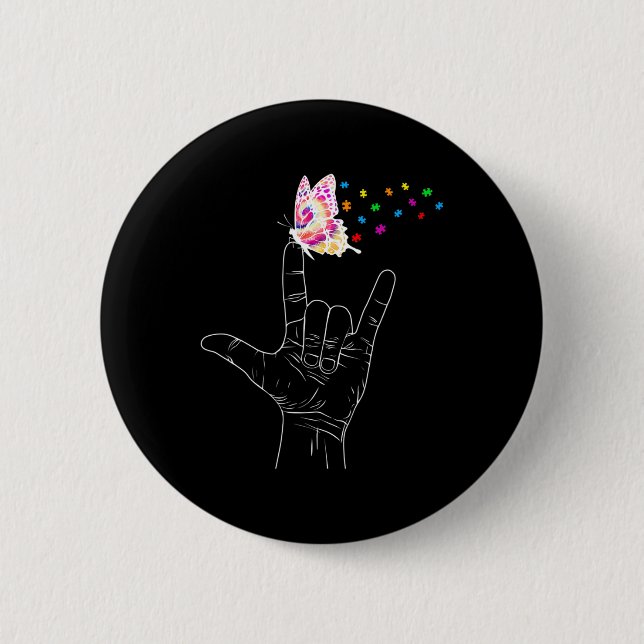 Badge Rond 5 Cm I Love You Main Sign Language Butterfly Autism Awa (Devant)