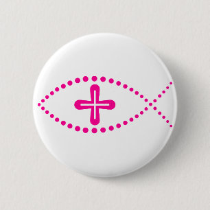 Badge Rond 5 Cm Ichthus Pink Christian Fish