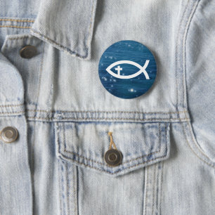 Badge Rond 5 Cm Ichthus - poisson chrétien avec la croix