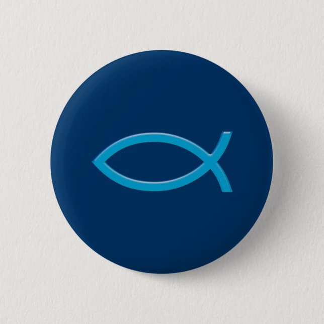 Badge Rond 5 Cm Ichthus - Symbole chrétien du poisson - Bleu (Devant)