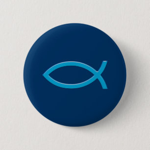 Badge Rond 5 Cm Ichthus - Symbole chrétien du poisson - Bleu