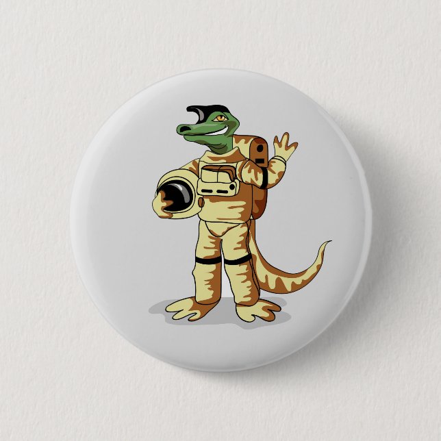 Badge Rond 5 Cm Iguanodon Habillé Dans Un Spacesuit Cosmonaute. (Devant)
