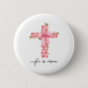 Badge Rond 5 Cm Il Est Ressuscité Coquette Nœud Floral Croix Foi P