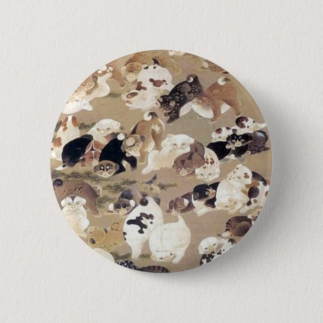 Badge Rond 5 Cm Illustration de Cent Chiens par Ito Jakuchu (Devant)