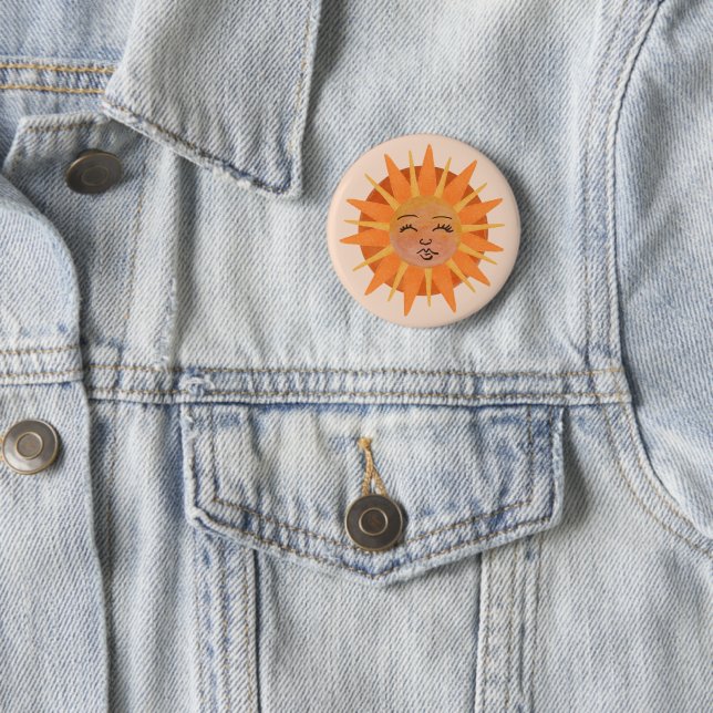 Badge Rond 5 Cm Illustration de l'aquarelle orange Sun Face (En situation)
