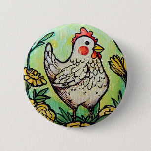 Badge Rond 5 Cm Illustration des poulets à fleurs et poulets