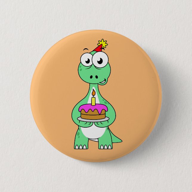 Badge Rond 5 Cm Illustration Du Brontosaurus Avec Gâteau D'Anniver (Devant)
