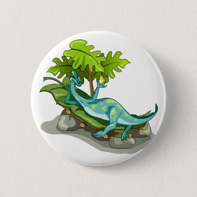 Badge Rond 5 Cm Illustration D'Un Bain De Soleil Iguanodon. (Devant)