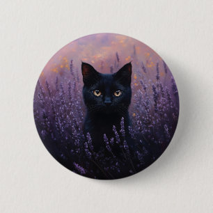 Badge Rond 5 Cm Illustration d'un chat noir dans un champ de lavan