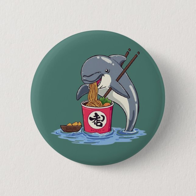 Badge Rond 5 Cm Illustration d'un dauphin mangeant des ramen (Devant)
