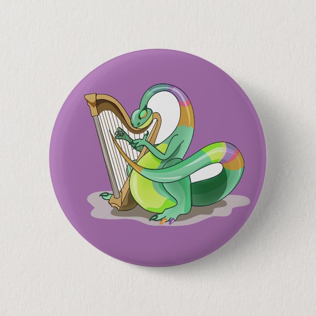 Badge Rond 5 Cm Illustration D'Un Plateosaure Jouant De La Harpe. (Devant)