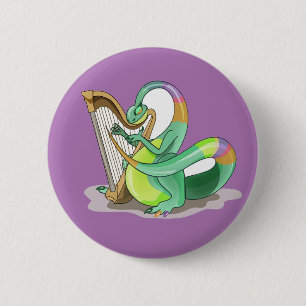 Badge Rond 5 Cm Illustration D'Un Plateosaure Jouant De La Harpe.