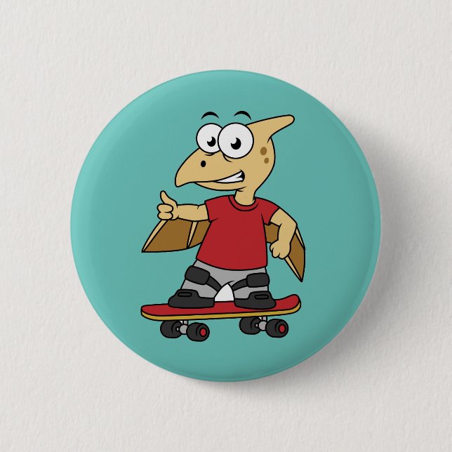 Badge Rond 5 Cm Illustration D'Un Skateboard De Ptérosaure. (Devant)