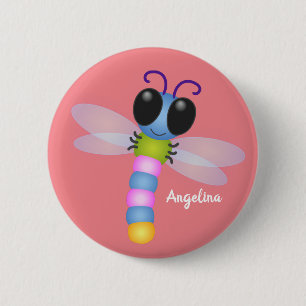 Badge Rond 5 Cm Illustration d'une libellule bleu et rose