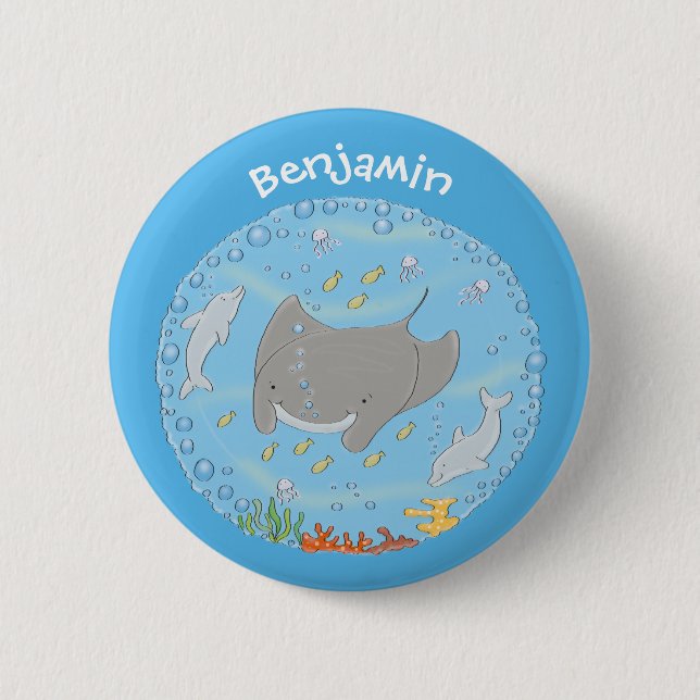 Badge Rond 5 Cm Illustration d'une mignonne raie manta et de bulle (Devant)