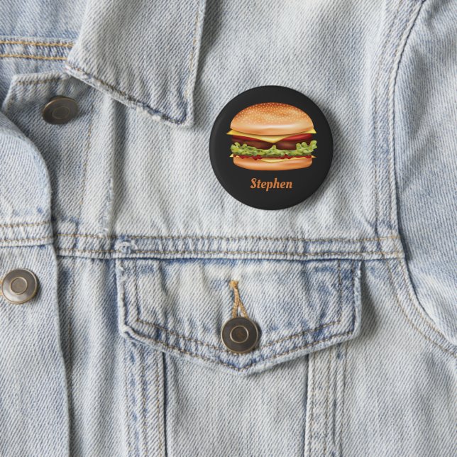 Badge Rond 5 Cm Illustration Hamburger Fast Food Avec Nom Personna (En situation)