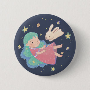 Badge Rond 5 Cm Illustration Starry Night Bunny & Girl