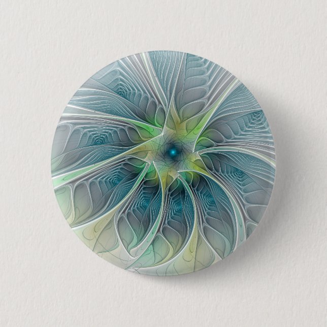 Badge Rond 5 Cm Imaginaire fleuri Moderne Bleu Vert Fractal Fleur (Devant)