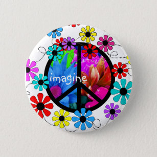 Badge Rond 5 Cm Imaginez le symbole de paix et les rétros fleurs