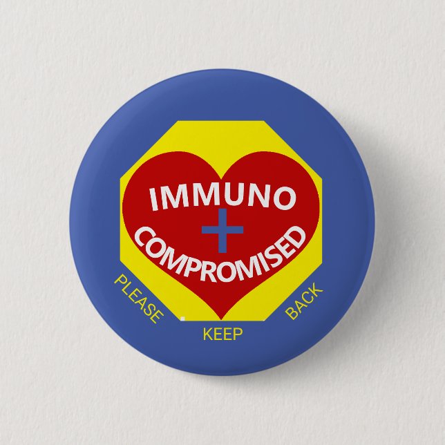 Badge Rond 5 Cm Immunocompromis - Bleu, Jaune, Bouton Coeur Rouge (Devant)