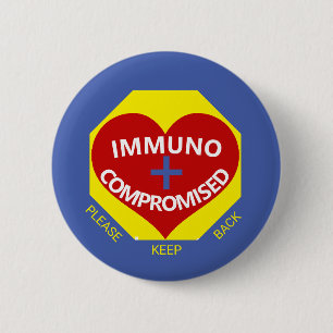 Badge Rond 5 Cm Immunocompromis - Bleu, Jaune, Bouton Coeur Rouge