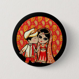 Badge Rond 5 Cm Indian Wedding Cute Bride Groom Cartoon