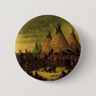 Badge Rond 5 Cm Indiens vintage, Conseil de guerre sioux par Catli
