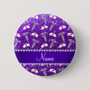 Badge Rond 5 Cm Infirmière à parties scintillant violettes casqu