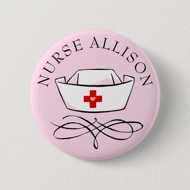 Badge Rond 5 Cm Infirmière Casquette Ajouter un nom Rose (Devant)