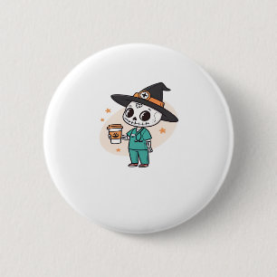 Badge Rond 5 Cm Infirmière Halloween avec café portant un chapeau