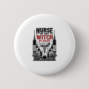 Badge Rond 5 Cm Infirmière le jour sorcière la nuit Design Hallowe