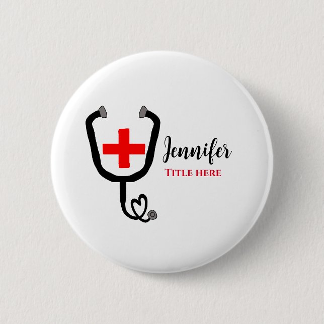 Badge Rond 5 Cm Infirmière médecin rouge plus stéthoscope ajouter  (Devant)