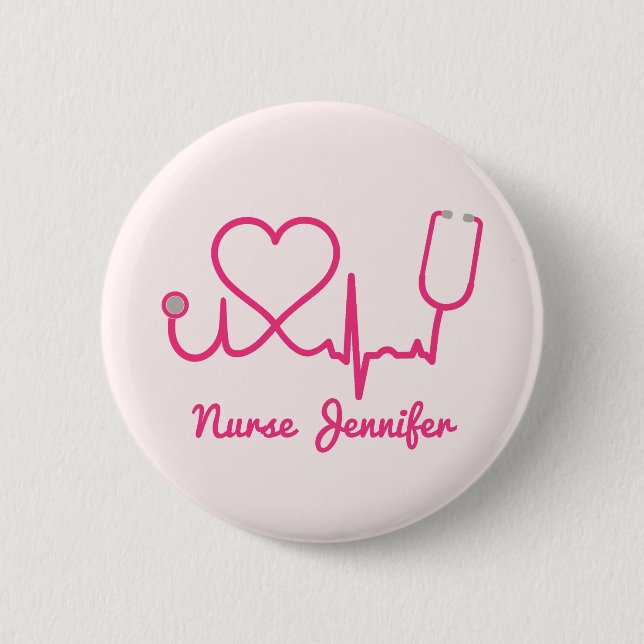 Badge Rond 5 Cm Infirmière personnalisée rose Nom Stethoscope Coeu (Devant)