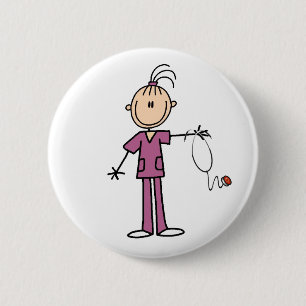 Badge Rond 5 Cm Infirmière Stick Figure aux Cheveux Bruns Bouton