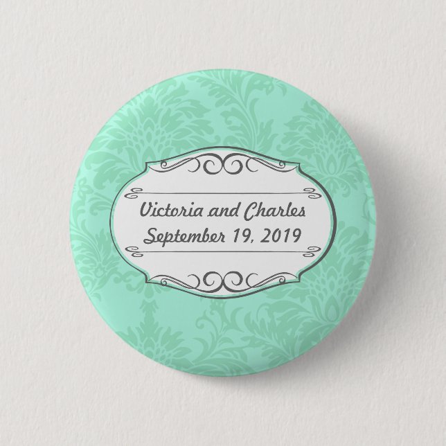 Badge Rond 5 Cm Invitation de Mint Mariage damassé moderne (Devant)