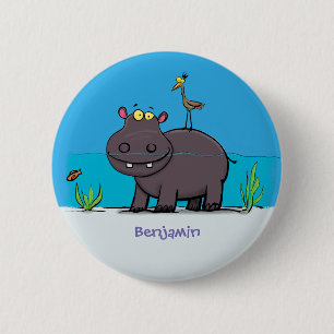 Badge Rond 5 Cm Ippopotame drôle mignon avec dessin animé d'oiseau