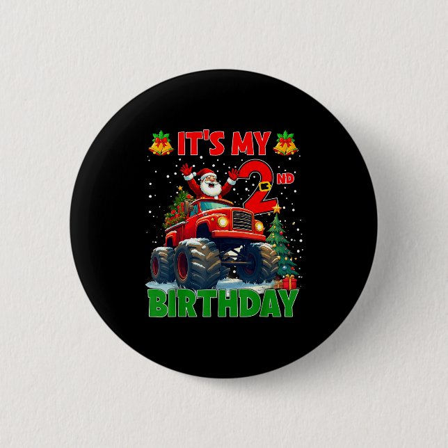 Badge Rond 5 Cm It’s My 2nd Birthday Xmas Santa Monster Truck Chri (Devant)