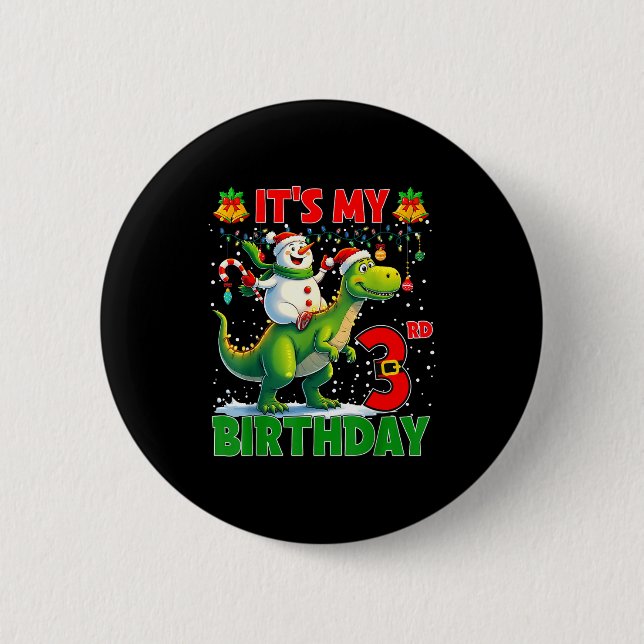 Badge Rond 5 Cm It’s My 3rd Birthday Xmas Snowman Riding Dinosaur  (Devant)