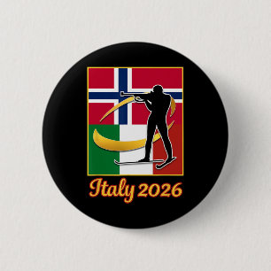 Badge Rond 5 Cm Italie 2026 Biathlon Norvège et Italie Drapeau Hiv