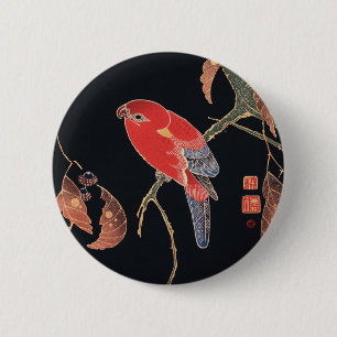 Badge Rond 5 Cm Ito Jakuchu Perroquet rouge sur la branche Art jap