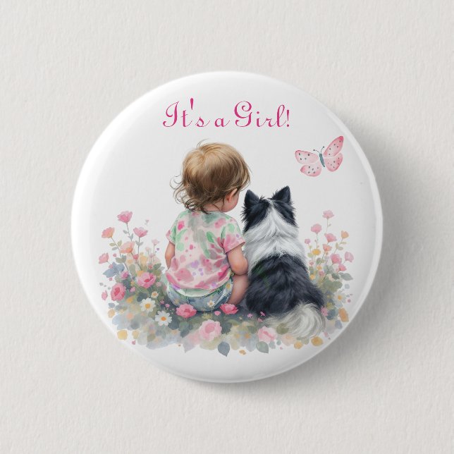 Badge Rond 5 Cm It's a Girl | Pink Baby and Puppy Baby Shower (Devant)