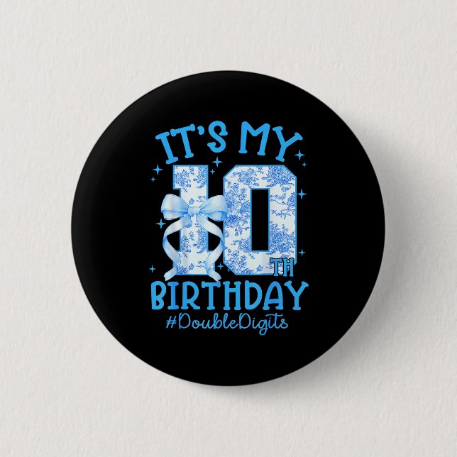 Badge Rond 5 Cm It's My 10th Birthday Girl Blue Coquette Bow 10 Ye (Devant)