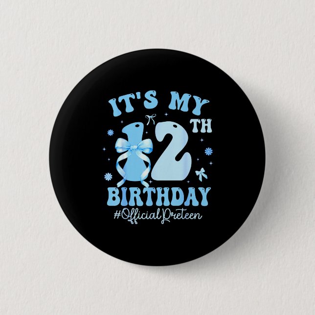 Badge Rond 5 Cm It's My 12th Birthday Girl Coquette Bow Blue 12 Ye (Devant)
