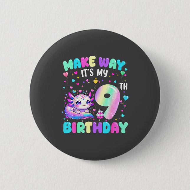 Badge Rond 5 Cm It's My 9th Birthday Girl Cute Axolotl 9 Year Old  (Devant)