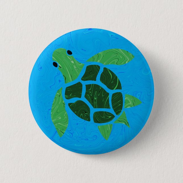 Badge Rond 5 Cm Jade Green Sea Turtle sur Marble Ocean Blue (Devant)