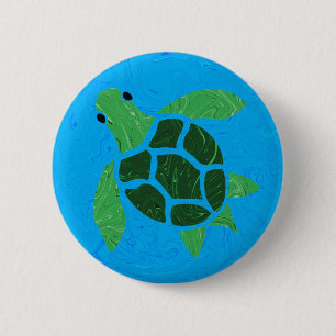 Badge Rond 5 Cm Jade Green Sea Turtle sur Marble Ocean Blue